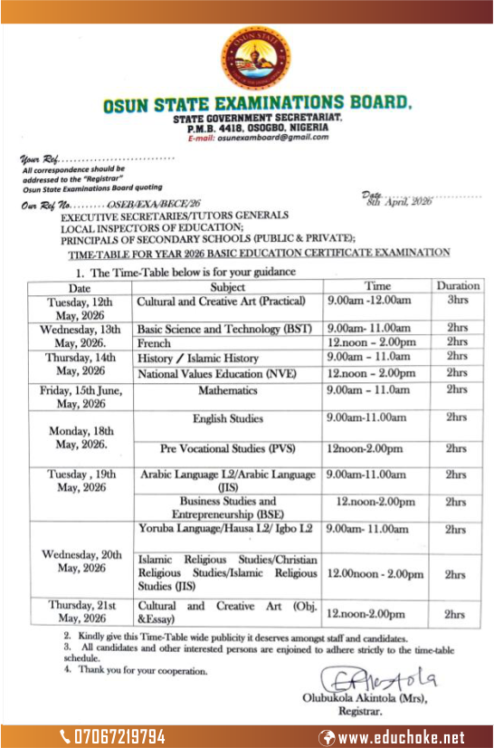 osun state bece timetable 2026